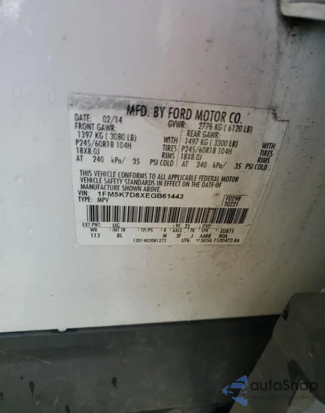 2014 Ford Explorer Xlt из США, поврежденный, VIN 1FM5K7D8XEGB61443